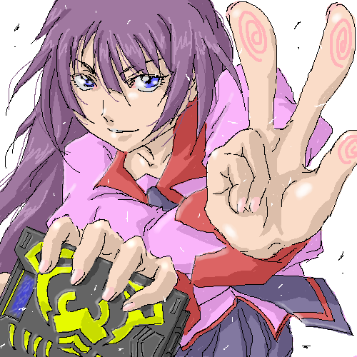 blue_eyes, fingerprint, kamen_rider, kamen_rider_ryuki_(series), kamen_rider_scissors, lowres, monogatari_(series), oekaki, parody, purple_hair, satou_oduka, school_uniform, senjougahara_hitagi, solo, v
