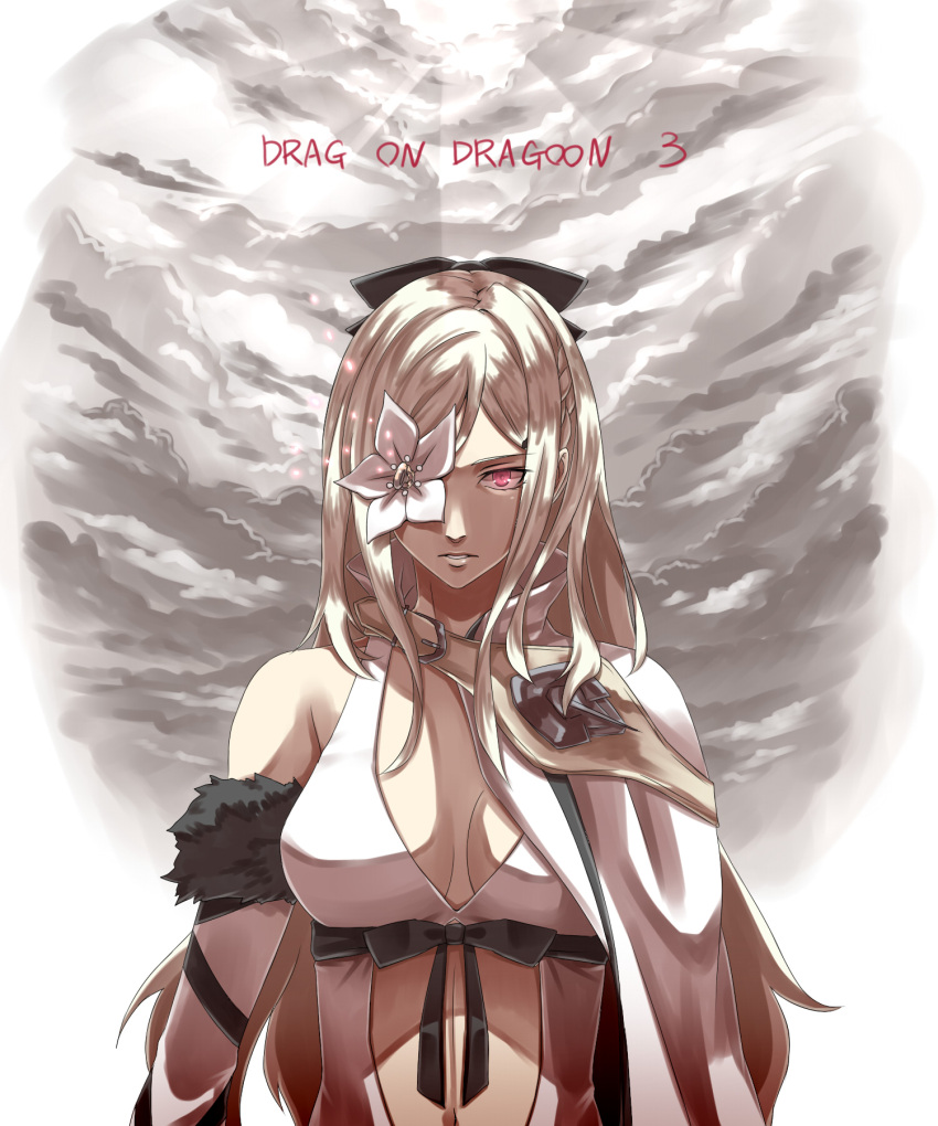 1girl, breasts, cleavage, clouds, drag-on_dragoon_3, flower, flower_eyepatch, glowing