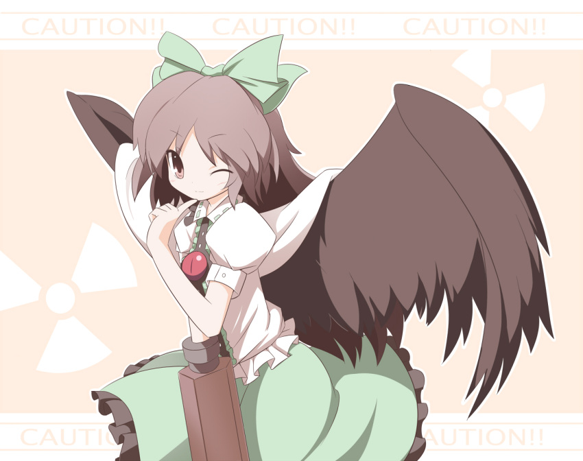 blush, brown_hair, long_hair, miko_machi, red_eyes, reiuji_utsuho, ribbon, touhou