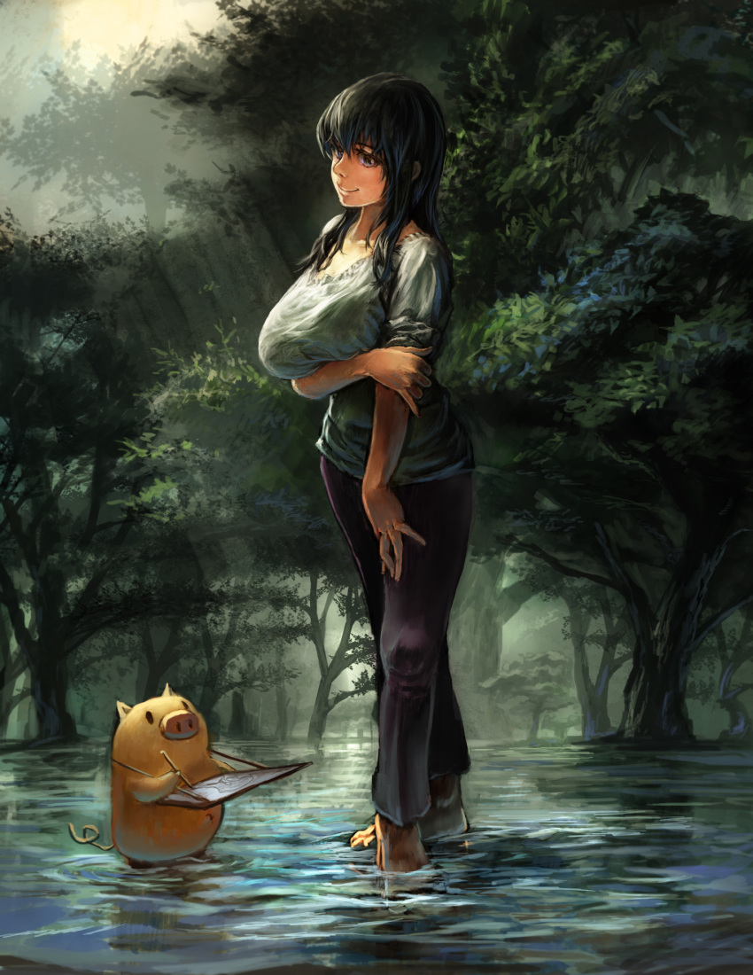 1girl, barefoot, black_hair, breast_hold, breasts, commentary_request, emuson, forest, highres, holding_arm, huge_breasts, long_hair, nature, original, pants, pig, sleeves_rolled_up, wading, water