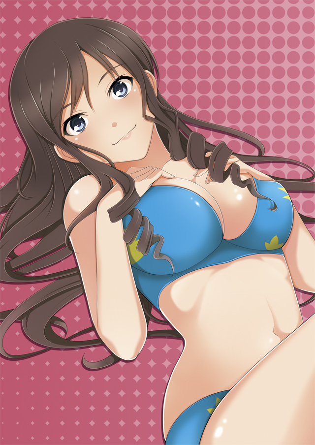 1girl, amagami, bikini, blue_bikini, blue_eyes, blush, breasts, brown_hair, cleavage, kishida-shiki, long_hair, looking_at_viewer, lying, morishima_haruka, navel, on_back, smile, solo, swimsuit