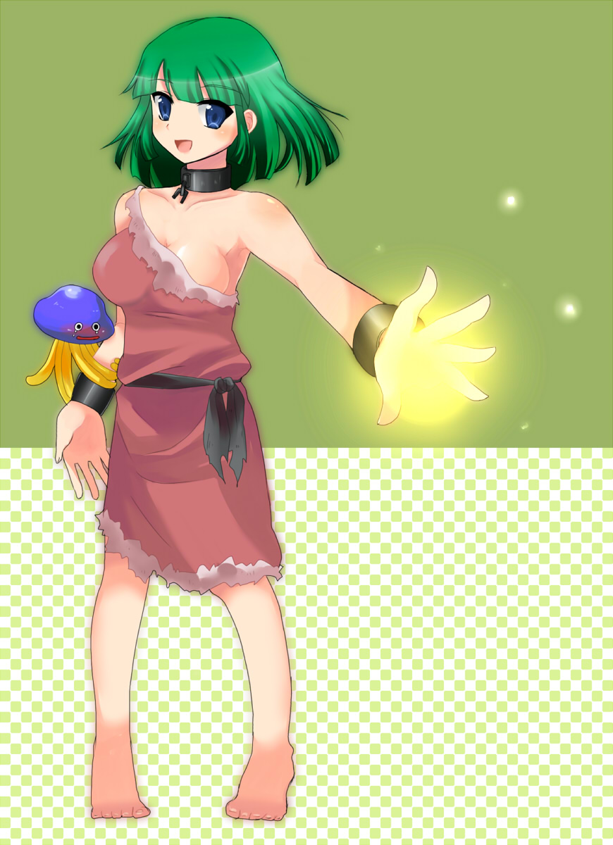 bare_shoulders, barefoot, blue_eyes, bracelet, collar, dragon_quest, dragon_quest_v, foreshortening