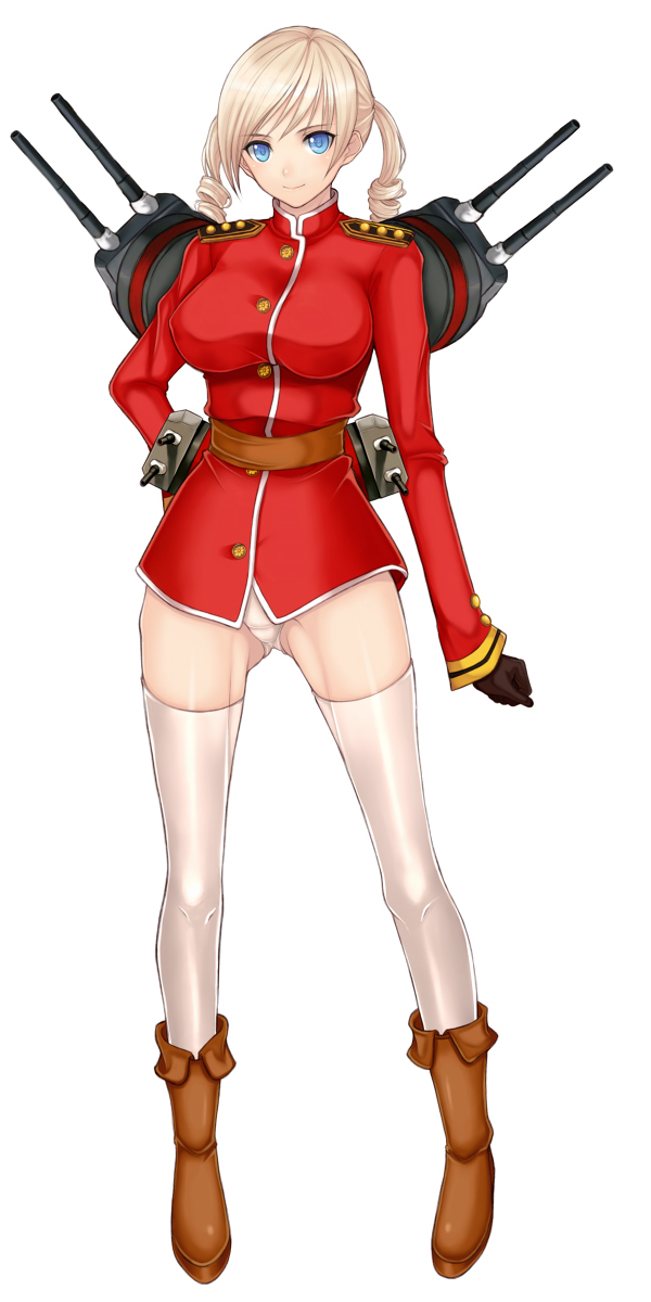 1girl, battleship, blonde_hair, blue_eyes, breasts, brown_gloves, gloves, highres, hms_dreadnought, kamimiya, kantai_collection, large_breasts, long_sleeves, looking_at_viewer, mecha_musume, military, military_uniform, original, panties, pantyshot, pantyshot_(standing), personification, simple_background, solo, standing, thighhighs, turret, underwear, uniform, white_background, white_legwear, white_panties