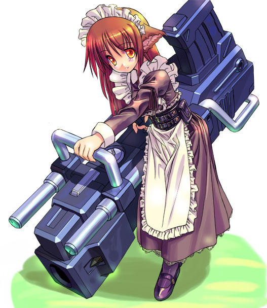amber_eyes, apron, belt, brown_hair, cat_ears, dress, gun, huge_weapon, long_hair, maid, musumi_renga, nekomimi, uniform, weapon