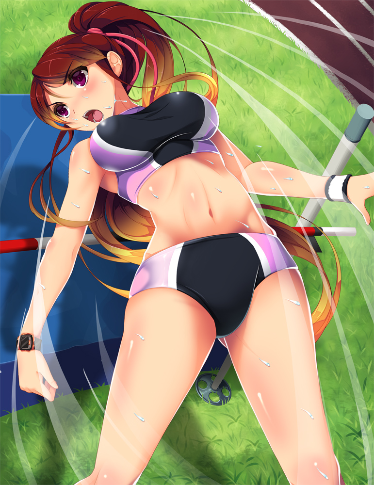 1girl, breasts, brown_hair, grass, hair_ribbon, high_jump, koflif, large_breasts