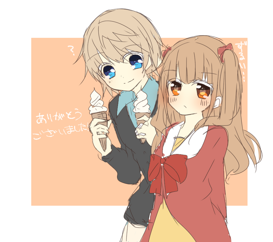 1boy, 1girl, akako, blue_eyes, brown_eyes, brown_hair, couple, food, hisanuma_sayu, ice_cream, isaki_kaname, long_hair, nagi_no_asukara, short_hair, twintails
