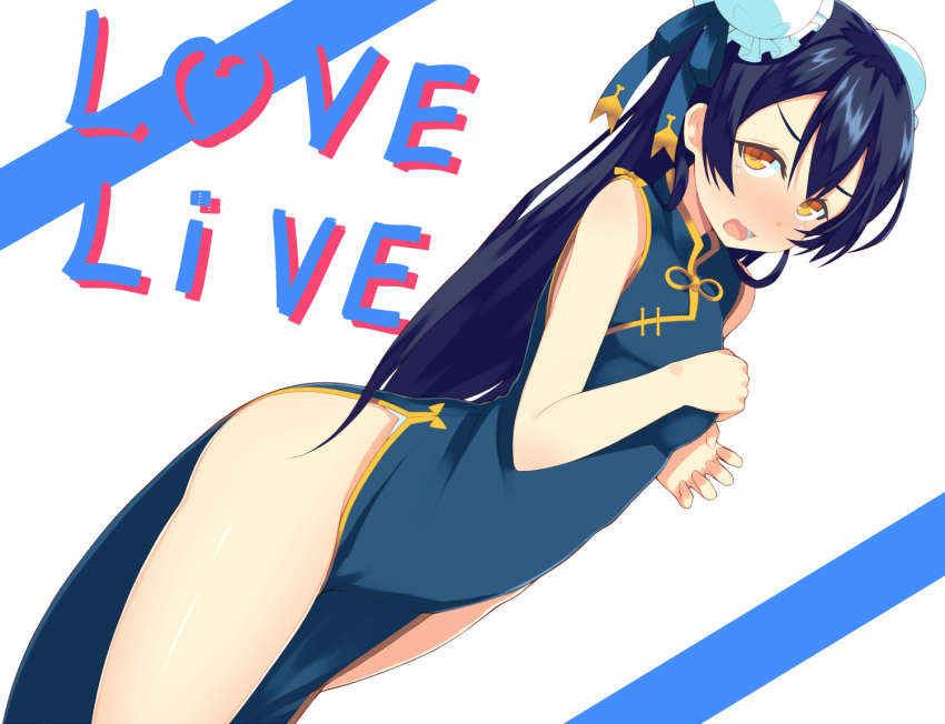1girl, bare_legs, black_hair, blush, bun_cover, china_dress, chinese_clothes, double_bun