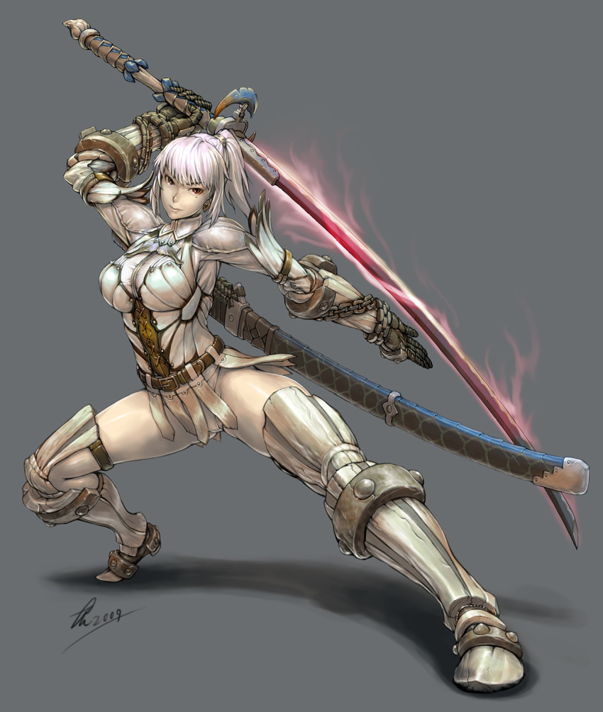 bnahabra_(armor), ceadeus_(armor), earrings, gauntlets, highres, jewelry, katana, mochisuna