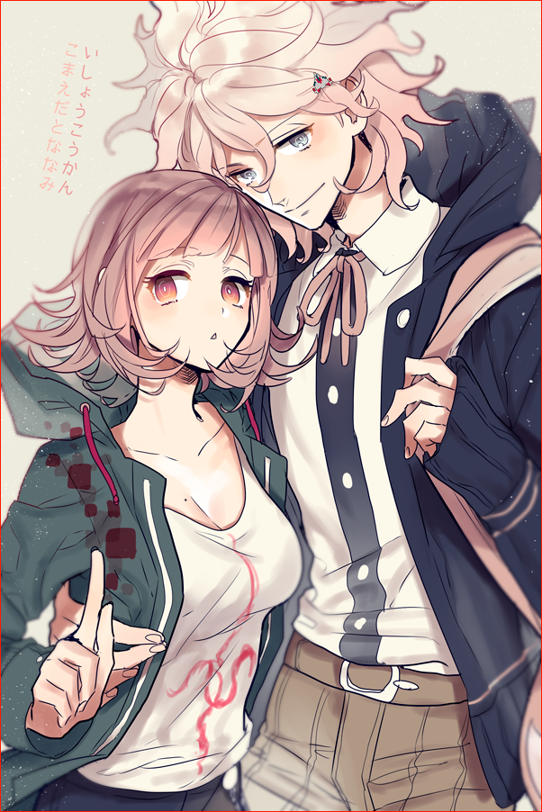 1boy, 1girl, backpack, bag, blue_eyes, cosplay, costume_switch, dangan_ronpa