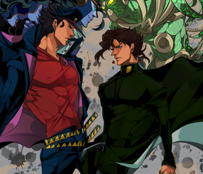 4boys, gakuran, hierophant_green, jojo_no_kimyou_na_bouken, kakyouin_noriaki, kuujou_joutarou, long_coat, multiple_boys