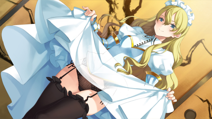 1girl, aqua_eyes, black_legwear, black_panties, blonde_hair, cowboy_shot, dress, dutch_angle, eiyuu_senki, garter_straps, hair_between_eyes, headdress, kay_(eiyuu_senki), long_hair, long_sleeves, ooyari_ashito, panties, see-through, skirt, skirt_lift, smile, solo, thigh-highs, underwear, white_dress
