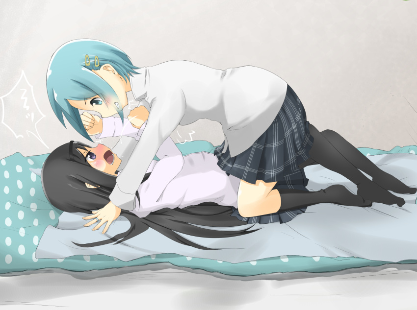 akemi_homura, black_hair, blanket, blue_eyes, blue_hair, gagerabut, hair_ornament, hairpin