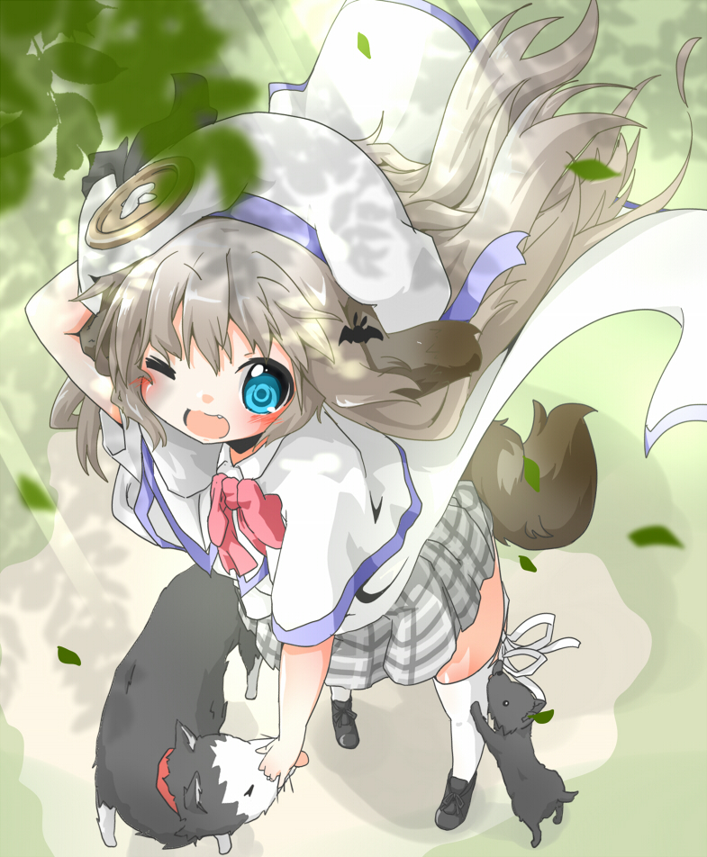 1girl, belka, blue_eyes, cape, dog, grey_hair, hat, little_busters!!