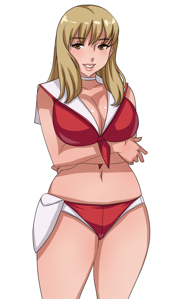 1girl, blonde_hair, blush, boobies_uniform, breast_hold, breasts, brown_eyes, choker