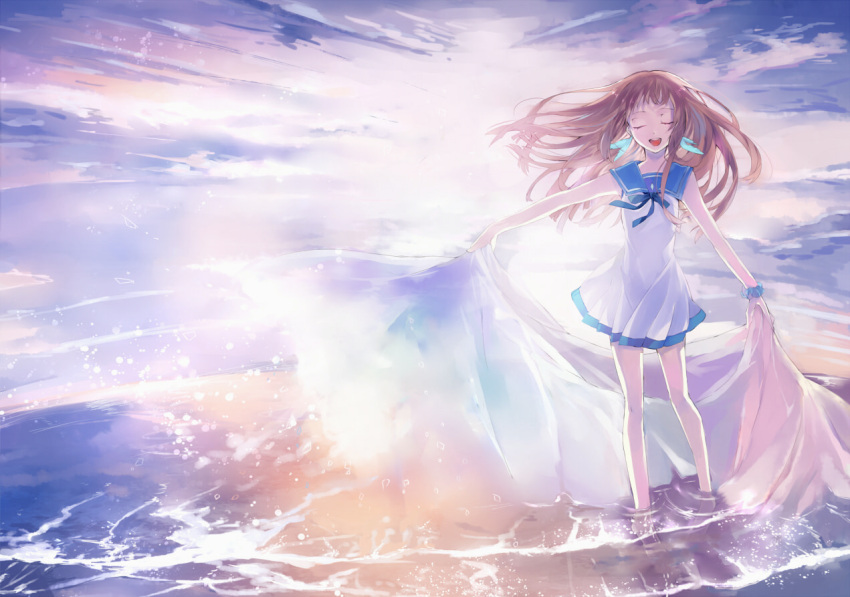 1girl, brown_hair, closed_eyes, feet_in_water, long_hair, megochi, mukaido_manaka, nagi_no_asukara, sailor_dress, school_uniform, serafuku, soaking_feet, wading, water
