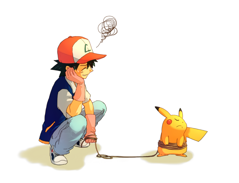1boy, ash_ketchum_(pokemon), baseball_cap, black_hair, gloves, hat, open_mouth, pikachu