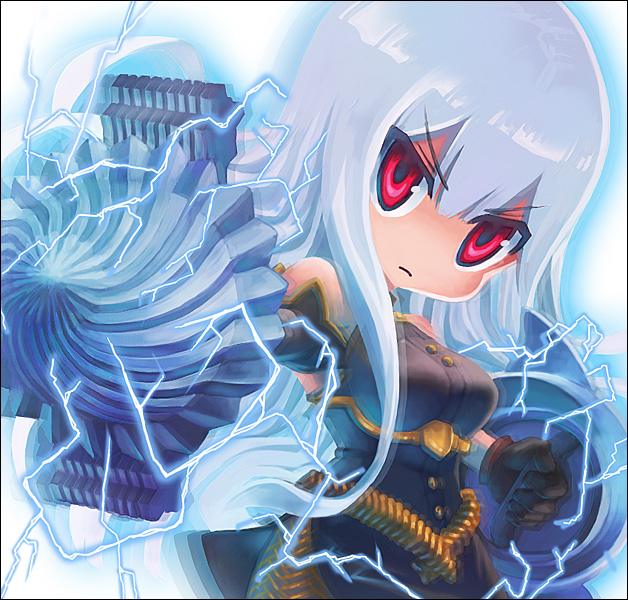 chibi, gloves, long_hair, military_uniform, pokapamazu, polearm, redhead, selvaria_bles, senjou_no_valkyria, shield, silver_hair, spear, uniform