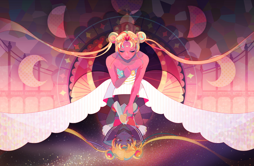 1girl, 2girls, bare_shoulders, bishoujo_senshi_sailor_moon, closed_eyes, crescent_moon, dark_skin, double_bun