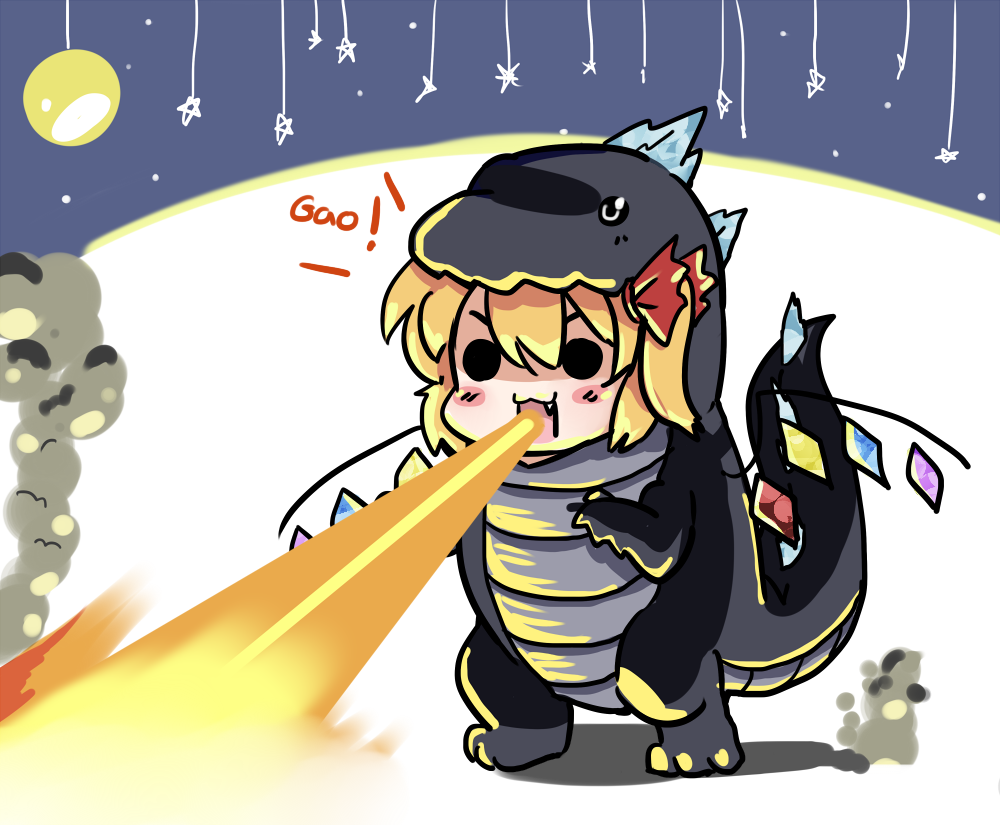 >:3, 1girl, :3, animal_costume, blonde_hair, breathing_fire, costume, dragon_costume