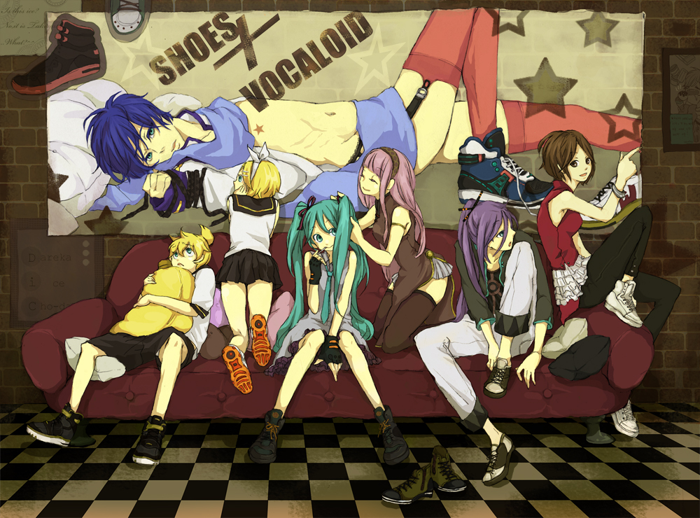 aqua_hair, blonde_hair, blue_eyes, blue_hair, bound_hands, bound_wrists, brown_eyes, brown_hair