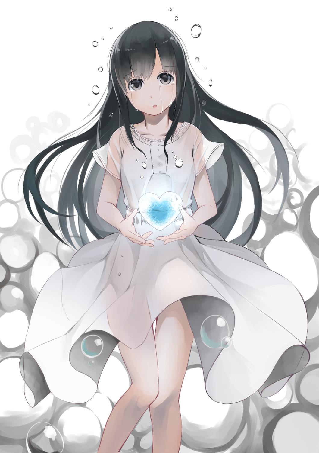 1girl, black_eyes, black_hair, bubble, dress, heart, highres, hitotose_hirune
