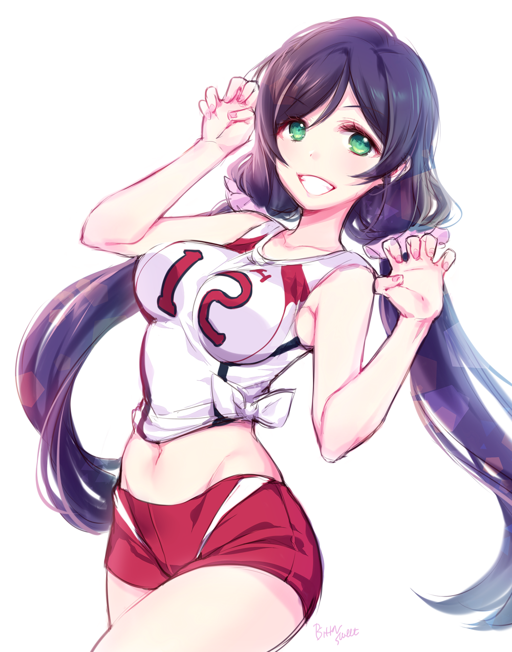 1girl, bittersweet_(dalcoms), green_eyes, grin, hair_ribbon, highres, jersey, long_hair