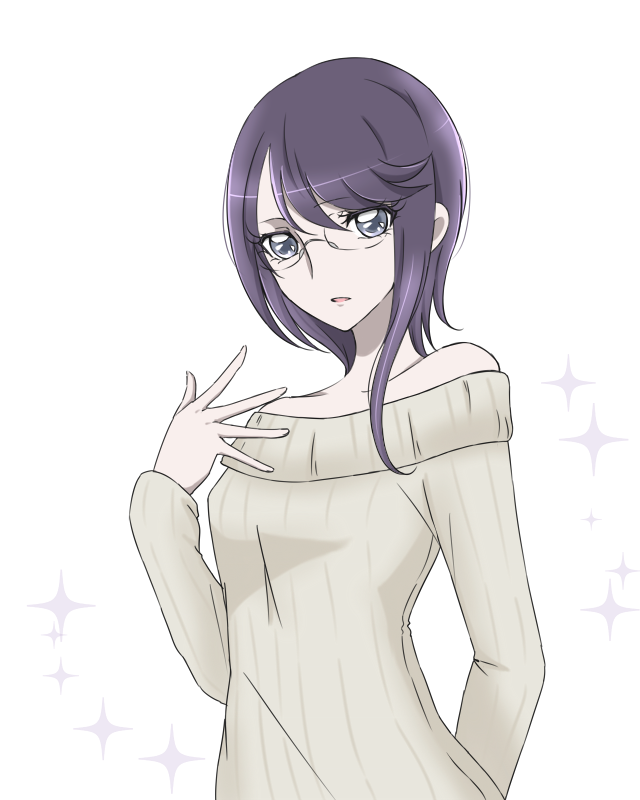 1girl, alternate_costume, alternate_hairstyle, bare_shoulders, blue_eyes, eyelashes, gacchahero, glasses