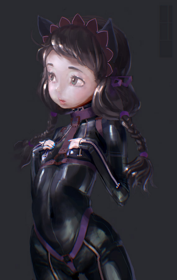 1=2, 1girl, animal_ears, bodysuit, braid, brown_hair, cat_ears, collar