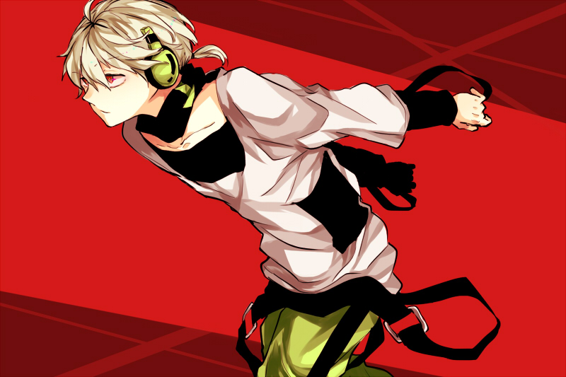 1boy, headphones, kagerou_project, konoha_(kagerou_project), long_hair, red_eyes, shiroimoppu, short_ponytail