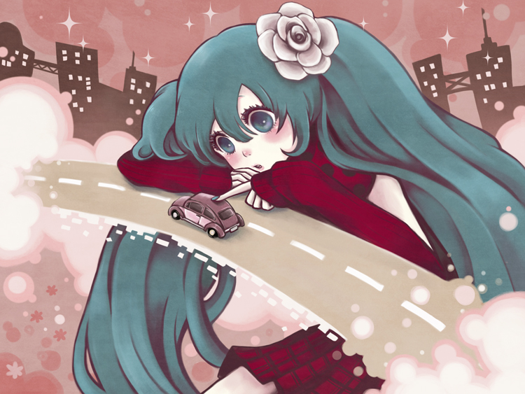aqua_eyes, aqua_hair, bad_id, car, flower, hair_flower, hair_ornament, hatsune_miku