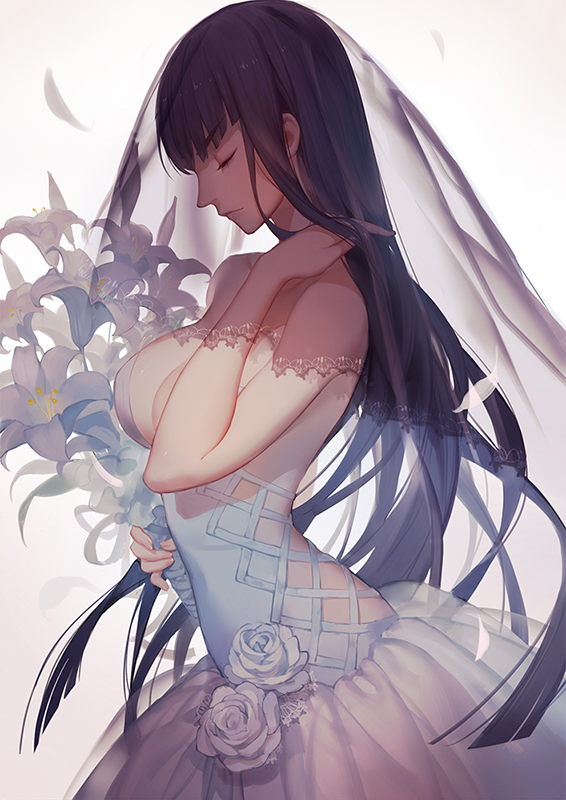 1girl, asukaziye, black_hair, bouquet, breasts, cleavage, closed_eyes, dress, flower, hand_in_hair, holding, kill_la_kill, kiryuuin_satsuki, lily_(flower), long_hair, petals, profile, rose, solo, veil, very_long_hair, wedding_dress, white_background, white_rose