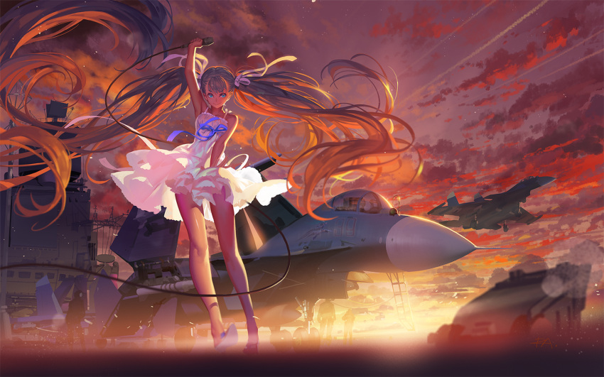 1girl, airplane, alphonse_(white_datura), aqua_eyes, aqua_hair, dress, fighter_jet, hatsune_miku