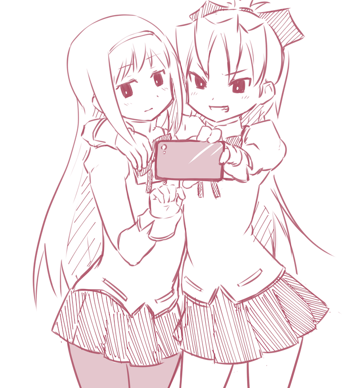 2girls, :d, akemi_homura, arm_around_shoulder, bow, cellphone, hair_bow, hairband
