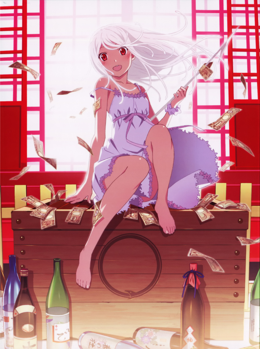 1girl, absurdres, bare_shoulders, barefoot, blush, bottle, box, donation_box, dress, feet, highres, legs, living_hair, looking_at_viewer, medusa, money, monogatari_(series), off_shoulder, open_mouth, red_eyes, sake_bottle, sengoku_nadeko, sitting, smile, snake_hair, solo, watanabe_akio, white_hair