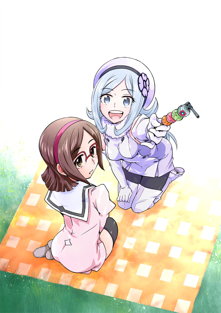 2girls, :d, aila_jyrkiainen, ball_(gundam), black_legwear, blanket, blue_eyes, blush