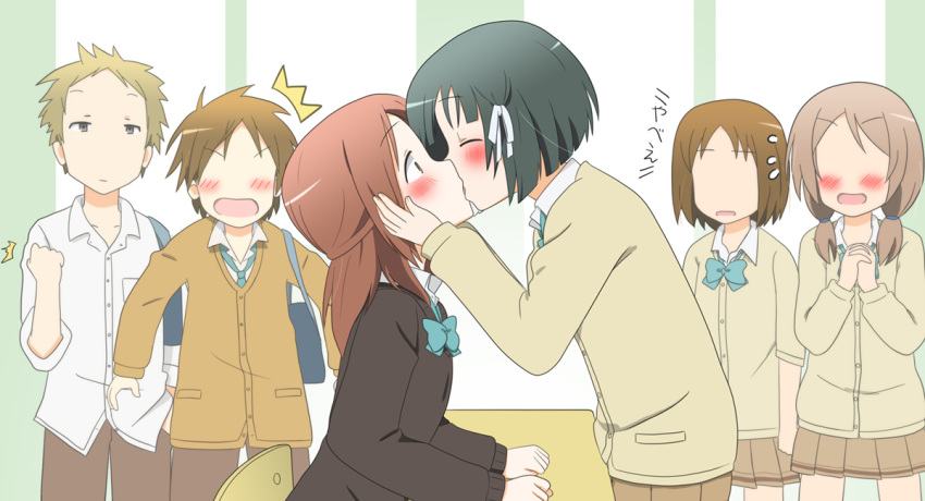 /\/\/\, 2boys, 4girls, bag, black_hair, blonde_hair, blush, brown_eyes