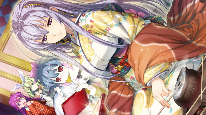 4girls, blue_hair, dutch_angle, game_cg, green_hair, japanese_clothes, kentou_kanami, kimono