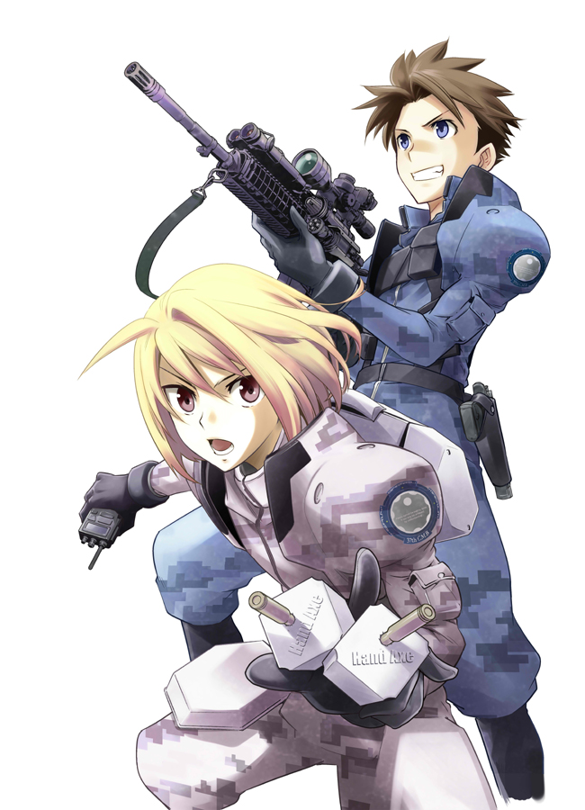 2boys, blonde_hair, brown_hair, camouflage, detonator, explosive, gloves, gun, heavy_object, heivia_winchell, holster, kwenser_varbotaj, male, military, military_uniform, multiple_boys, pistol, rifle, saitou_sakae, scope, uniform, weapon