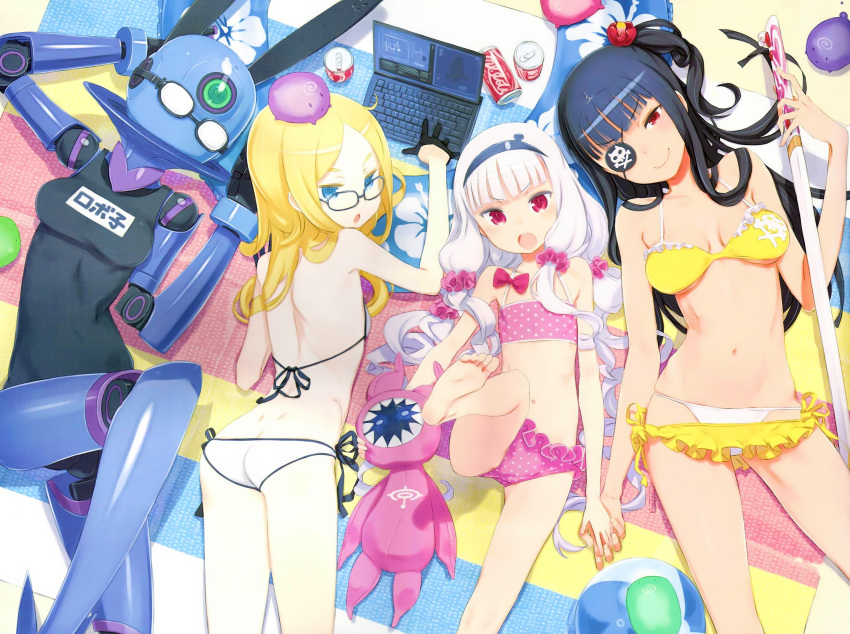 4girls, :o, ass, bangs, bare_shoulders, barefoot, bikini, black_gloves