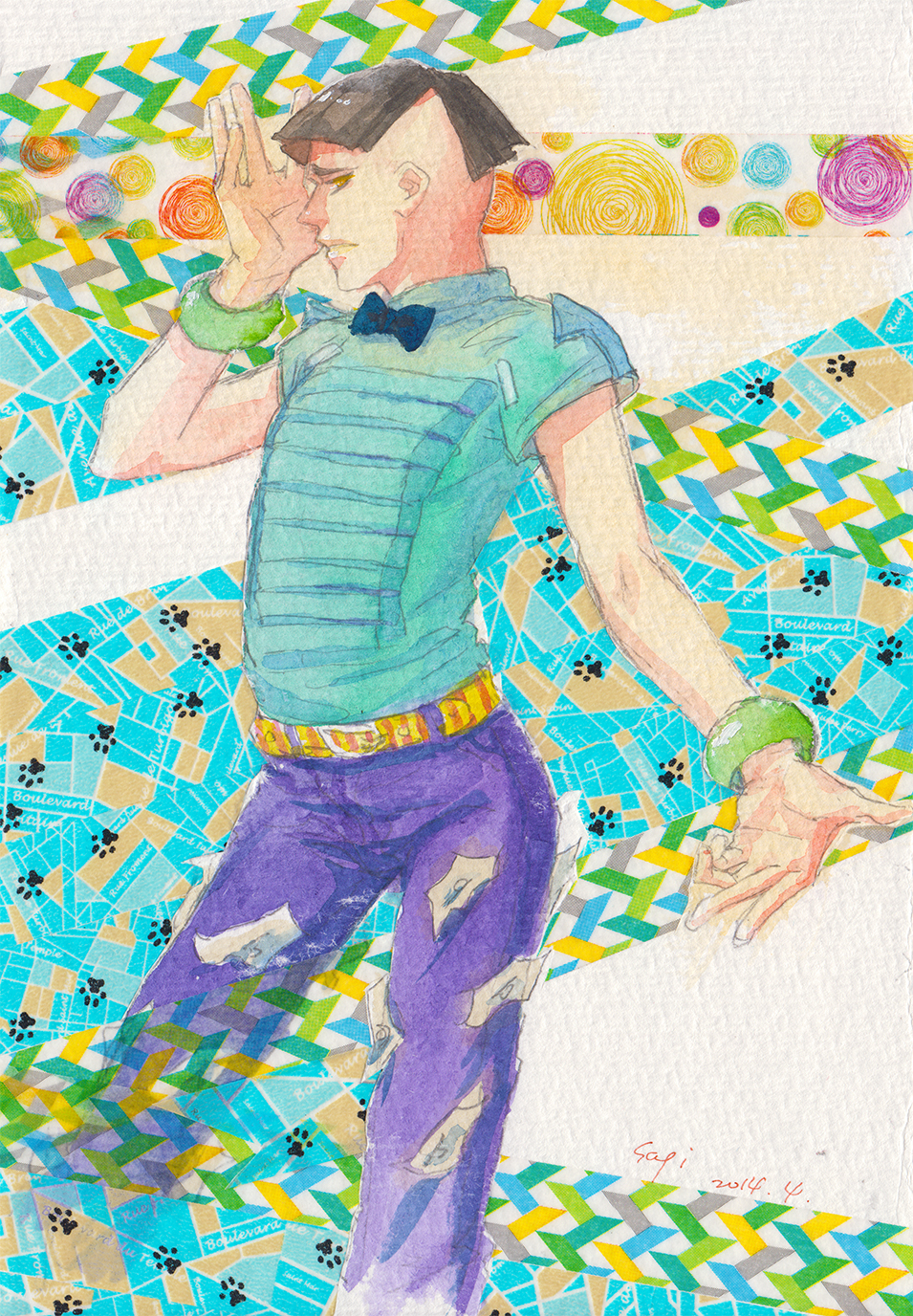 1boy, black_hair, bowtie, higashikata_joushuu, highres, jojo_no_kimyou_na_bouken, jojolion, sagi