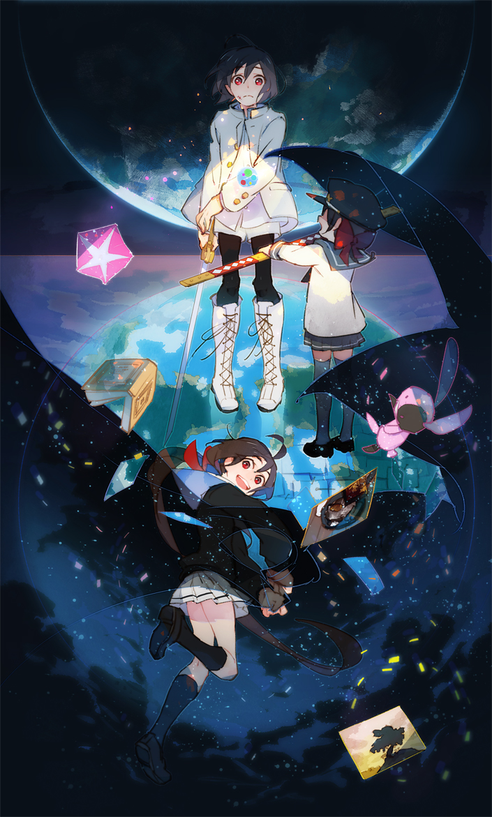 1boy, 1girl, 21grams, black_legwear, boots, bow, brown_hair, cross-laced_footwear