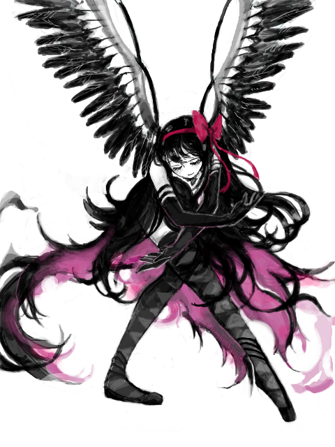 1girl, akemi_homura, akuma_homura, argyle, argyle_legwear, black_hair, bow, closed_eyes