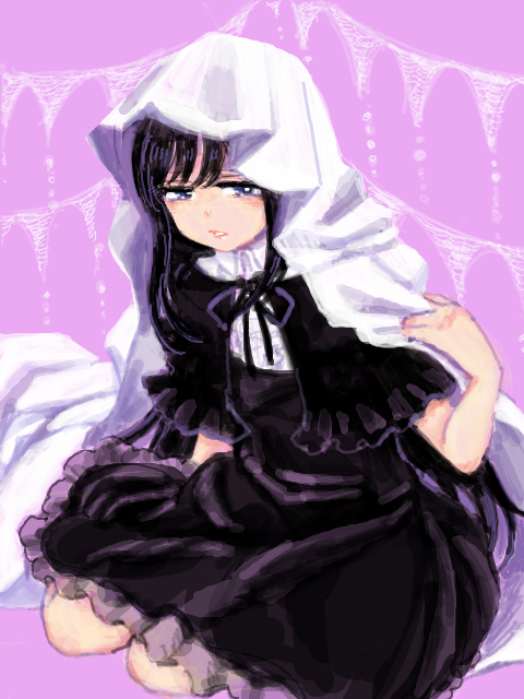 1girl, akemi_homura, black_hair, blanket, desutoro, funeral_dress, kneeling, long_hair