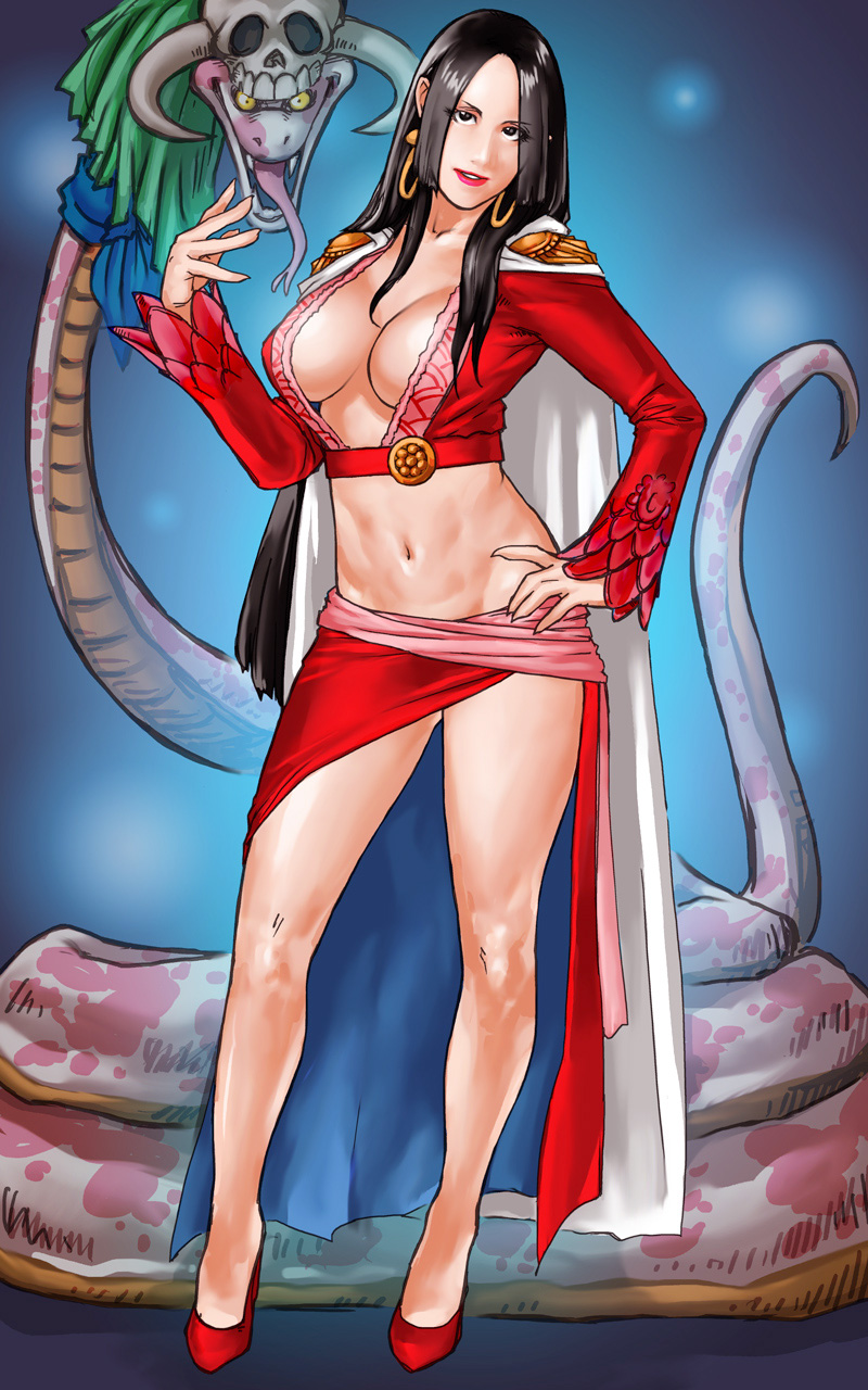 1girl, black_hair, boa_hancock, breasts, cleavage, earrings, epaulettes, full_body