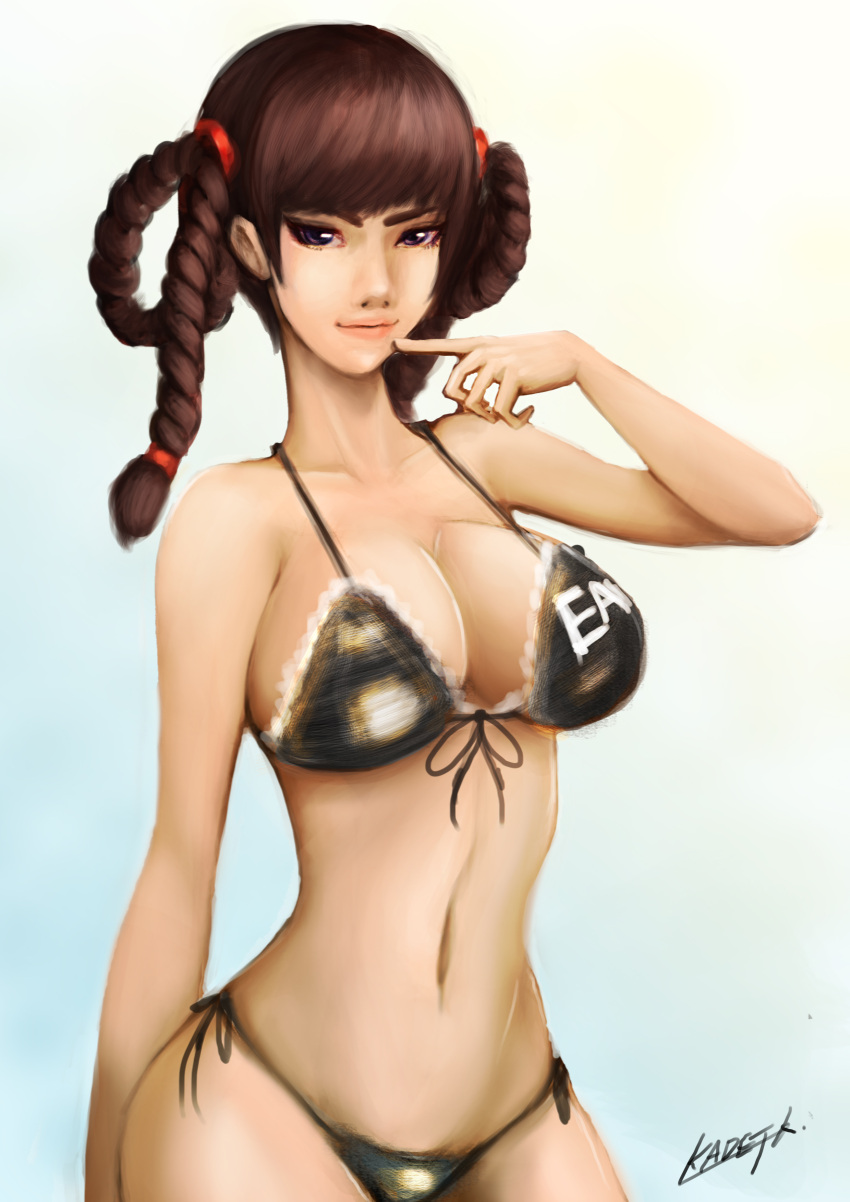 1girl, absurdres, bikini, braid, breasts, brown_hair, cleavage, dead_or_alive, finger_to_face, highres, kadej, large_breasts, lei_fang, long_hair, navel, signature, solo, swimsuit, twin_braids, violet_eyes