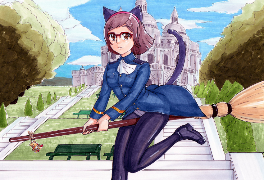 absurdres, animal_ears, beargguy_iii, bench, black_legwear, broom, brown_eyes, brown_hair