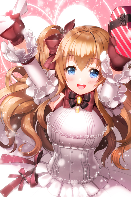 1girl, aile_(crossroads), blue_eyes, blush, bow, breasts, detached_sleeves, dress
