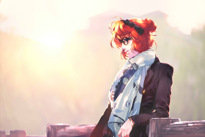 1girl, alternate_costume, bespectacled, blue_eyes, bracelet, casual, fence, glasses