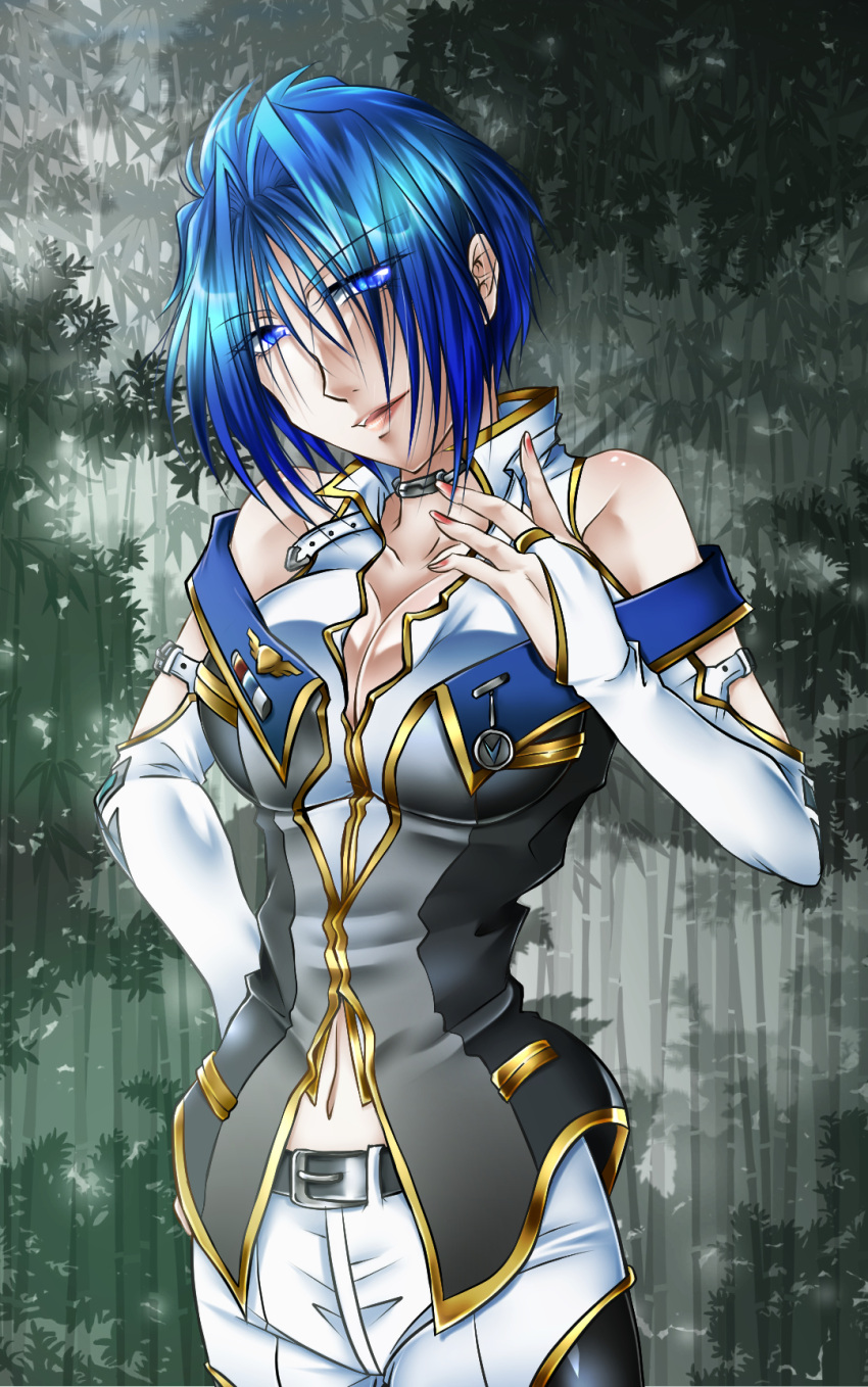 1girl, bare_shoulders, belt, blue_eyes, blue_hair, breasts, bridal_gauntlets, choker