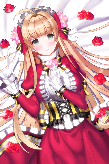1girl, aile_(crossroads), blonde_hair, blush, bow, breasts, cinia_pacifica, cinia_pacifica_(cosplay)